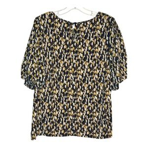 Ann Taylor Factory‎ Blouse Abstract Black Gold Print 3/4 Sleeve Career Top LG